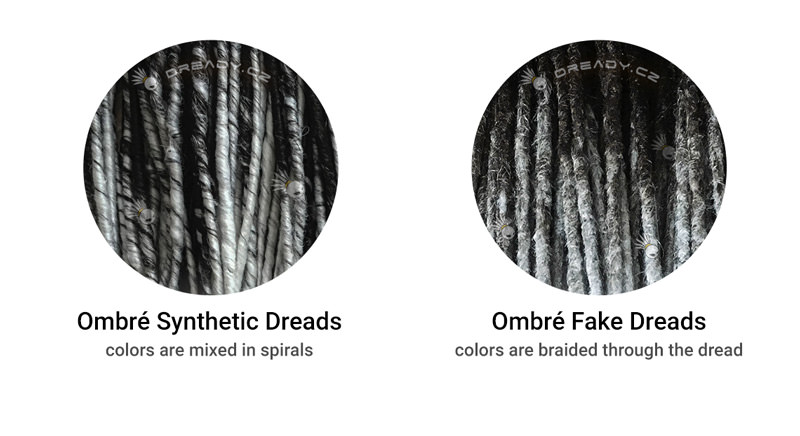 Color transition differences of ombré fake and synthetic dreads